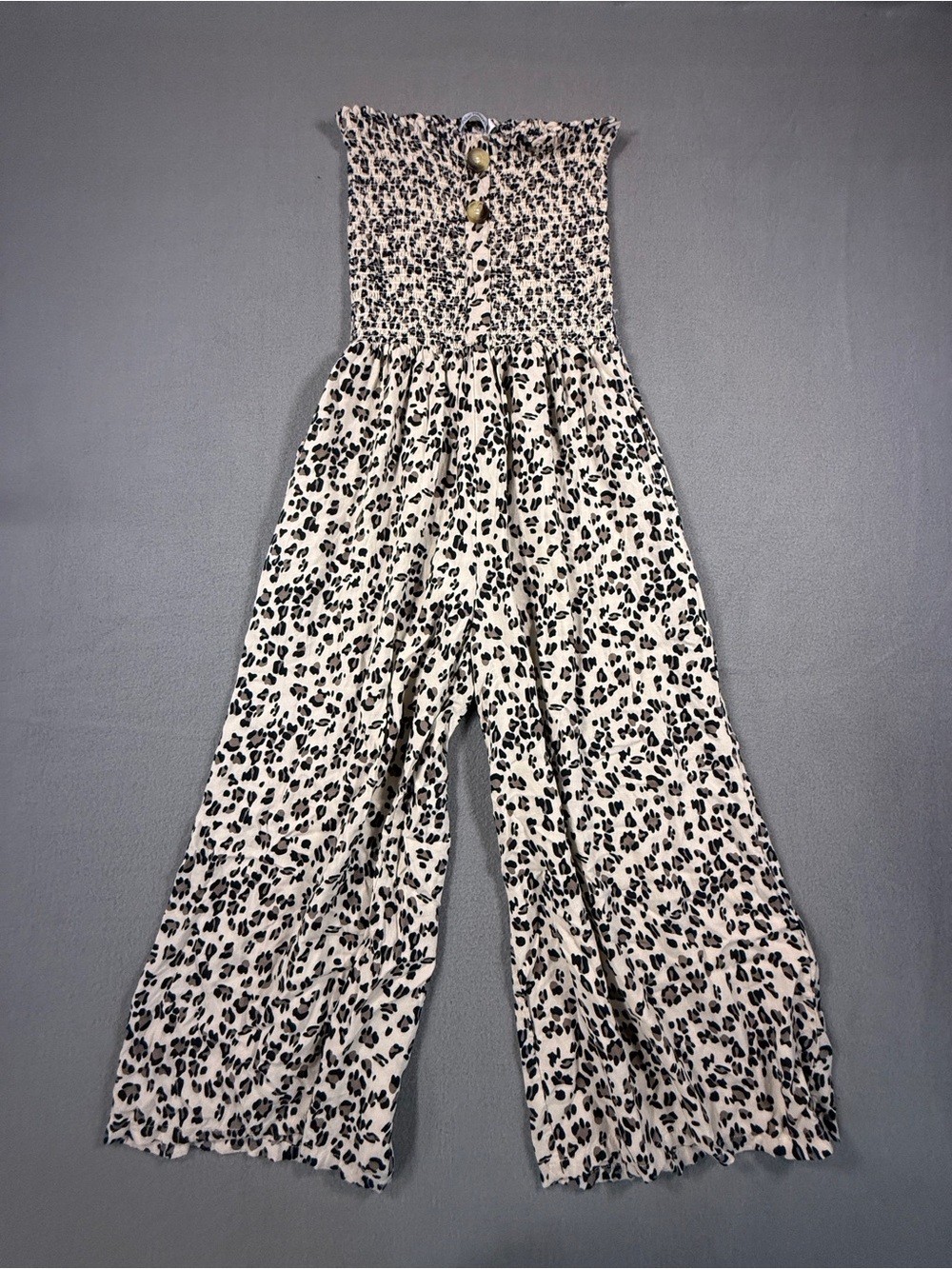 blue island Strapless Smocked Wide-Leg Jumpsuit in Cream with Black Leopard